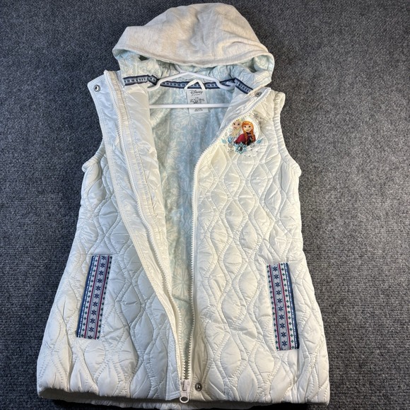 Disney Puffer Vest Girls 7/8 White Frozen Quilted Hooded Jacket Elsa & Anna - Picture 4 of 10